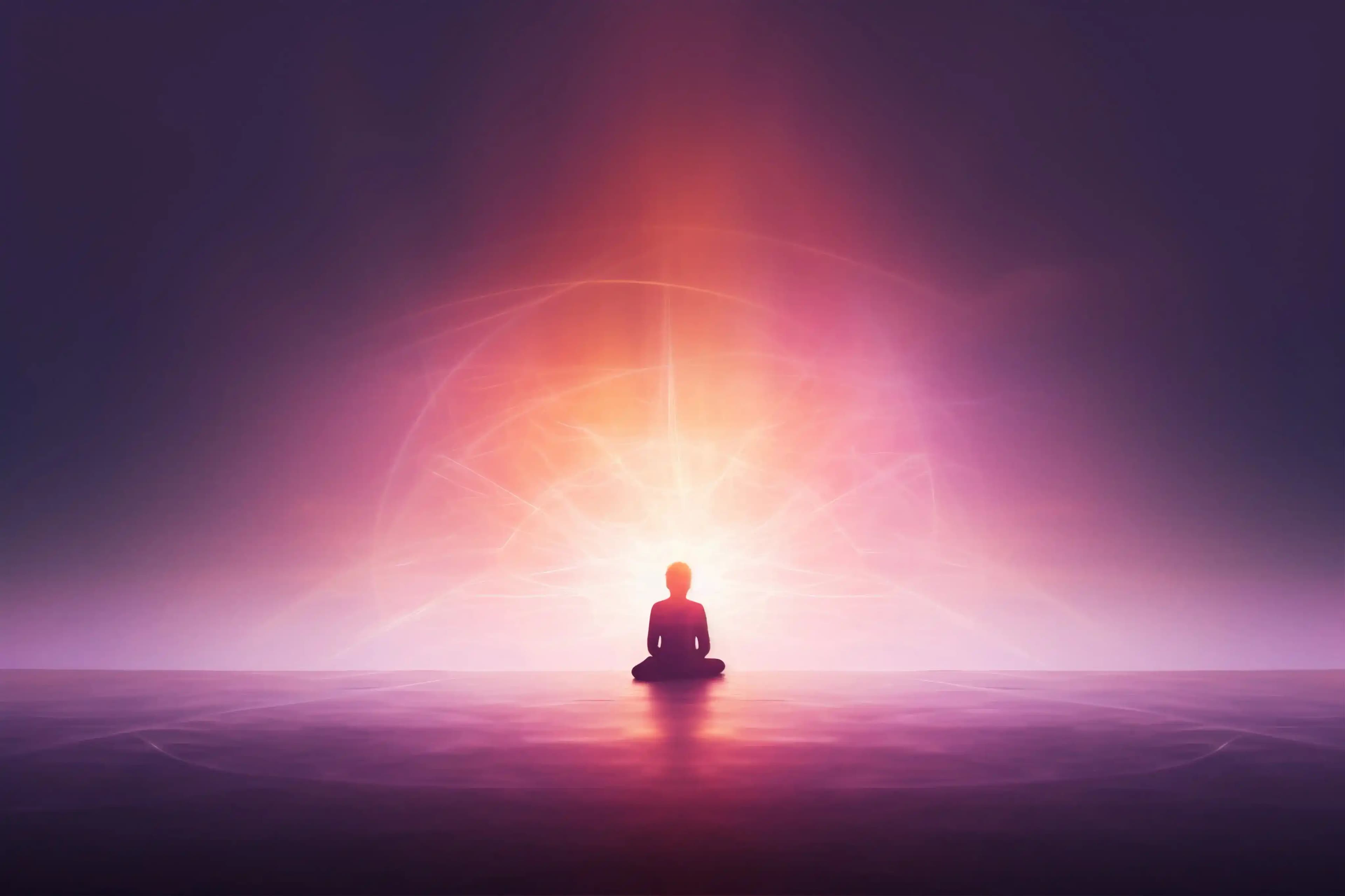 Meditative silhouette under a radiant cosmic light